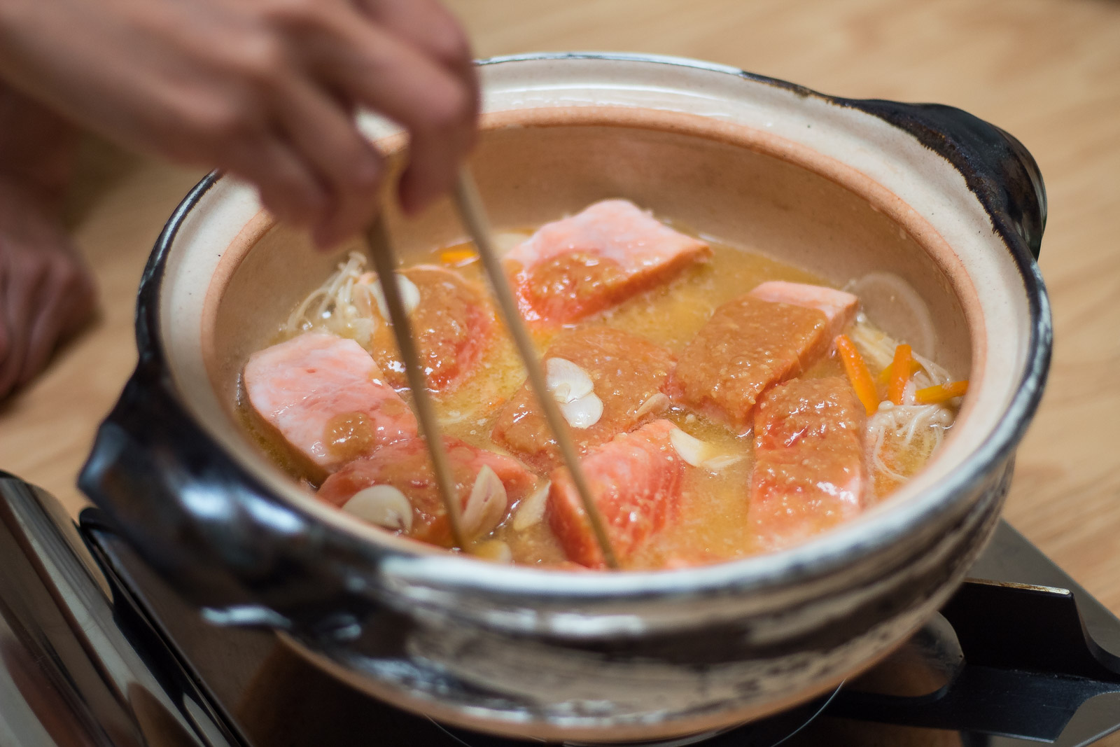 Salmon and Daikon in Garlic Butter Miso Sauce Happy Donabe Life